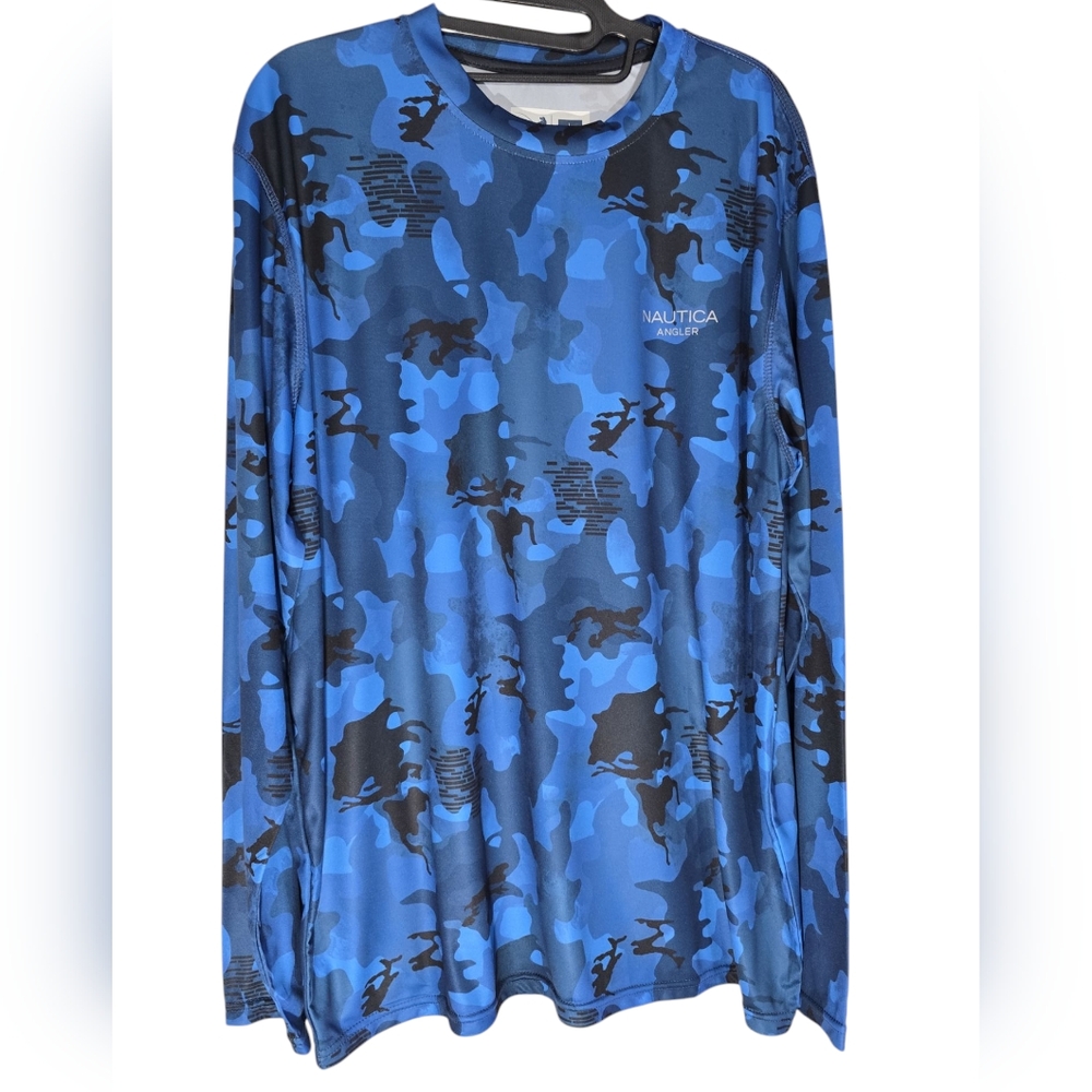 Nautica Angler Men Long Sleeve Shirt Pullover Urban Blue Camo Large Fishing swim